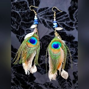 Peacock Feather Earrings Leaf Charms Handcrafted Jewelery Boho Native American